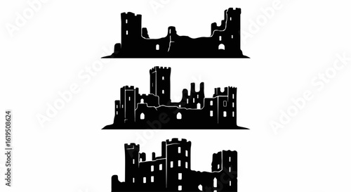 Black Silhouette of Three Ruined Medieval Castles with Towers