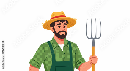 Cartoon Farmer Holding Pitchfork, Wearing Straw Hat and Overalls