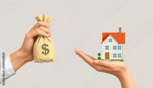 Hand Holding Money Bag on One Side and House Model in Palm on the Other Side Symbolizing Real Estate Investment and Financial Transaction Concepts
