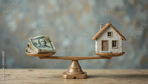 Concept of balance between money and home investment, financial decision making, symbol of wealth versus security in today's economy.