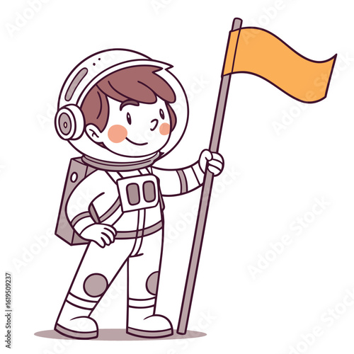 Cheerful astronaut planting orange flag on white background space exploration