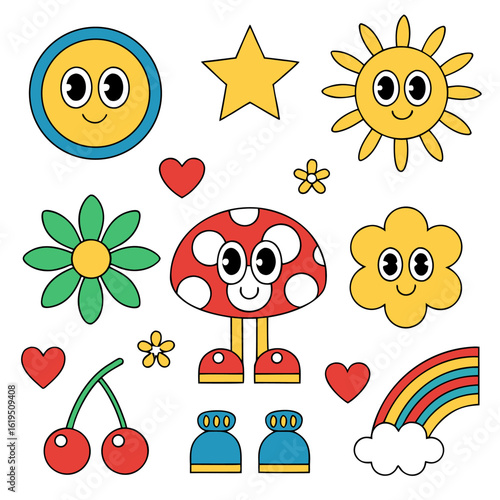Retro Groovy Cartoon Elements Featuring Sun Mushroom Rainbow Hearts and Flowers vector illustration