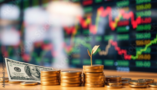 Growth of Investment with Dollar Bills, Coins, and Plant Symbolizing Financial Success and Wealth in Stock Market Environment