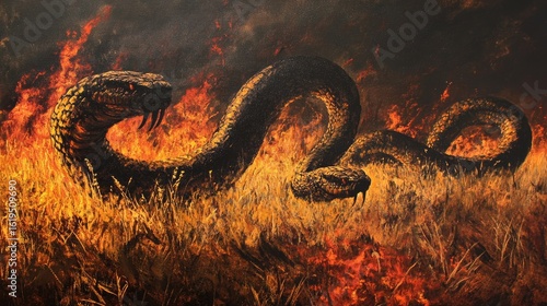 Fiery Serpent:  Wild Snake in Burning Grassland - Dramatic Nature Painting
