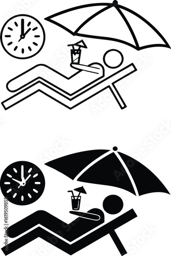 Vacation icons. Black and White Vector Icons. Man Vacationing on a Deckchair with a Cocktail. Beach Umbrella and Clock. Travel Concept