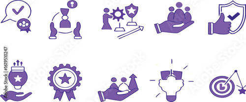 Colored Set of Core Values Icons. Vector Icons Commitment, Innovation, Customers, Teamwork, Honesty, Goals, Responsibility, Reliability, Quality, and Inclusion
