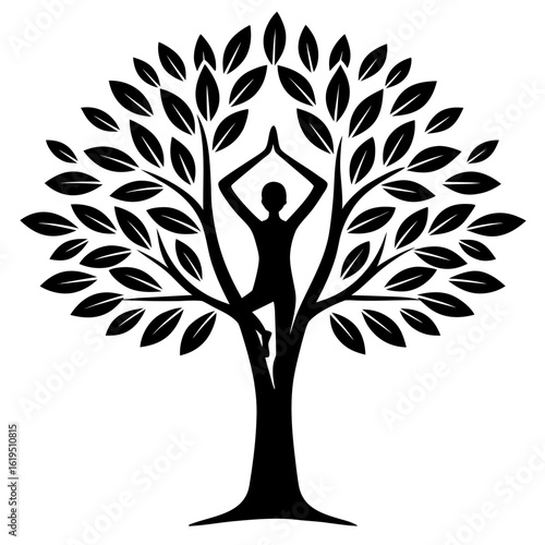 Silhouette of person in yoga pose within a stylized tree with leaves meditation