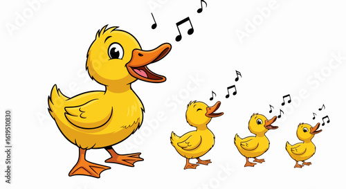 Adorable cartoon yellow ducklings singing happily with musical notes