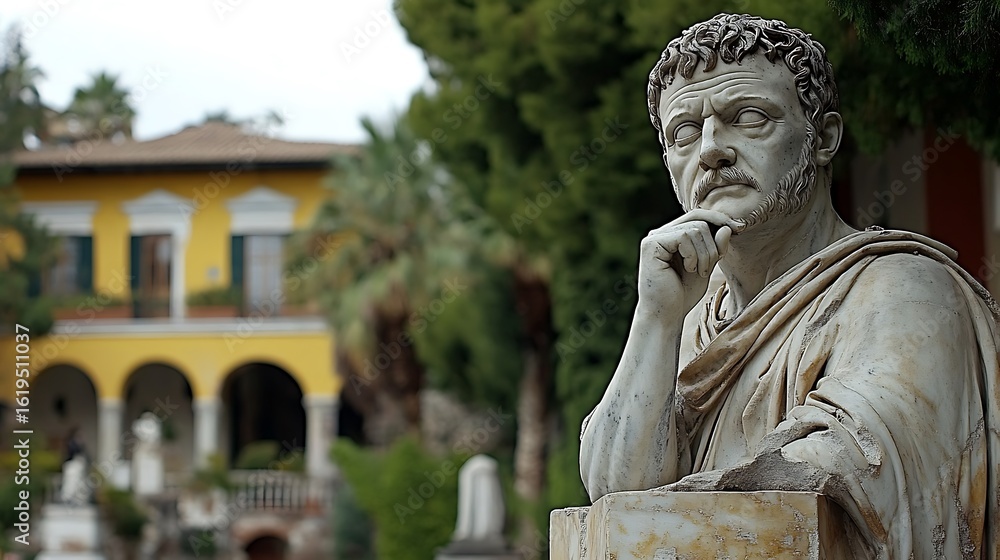 Obraz premium Detailed statue of a historical figure in a garden setting.