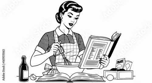 Retro Woman Cooking, Reading Recipe Book, Using Mixer