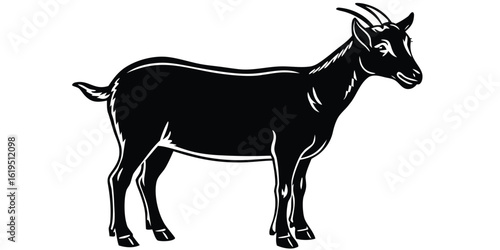 Black silhouette of a standing goat with horns on a white background