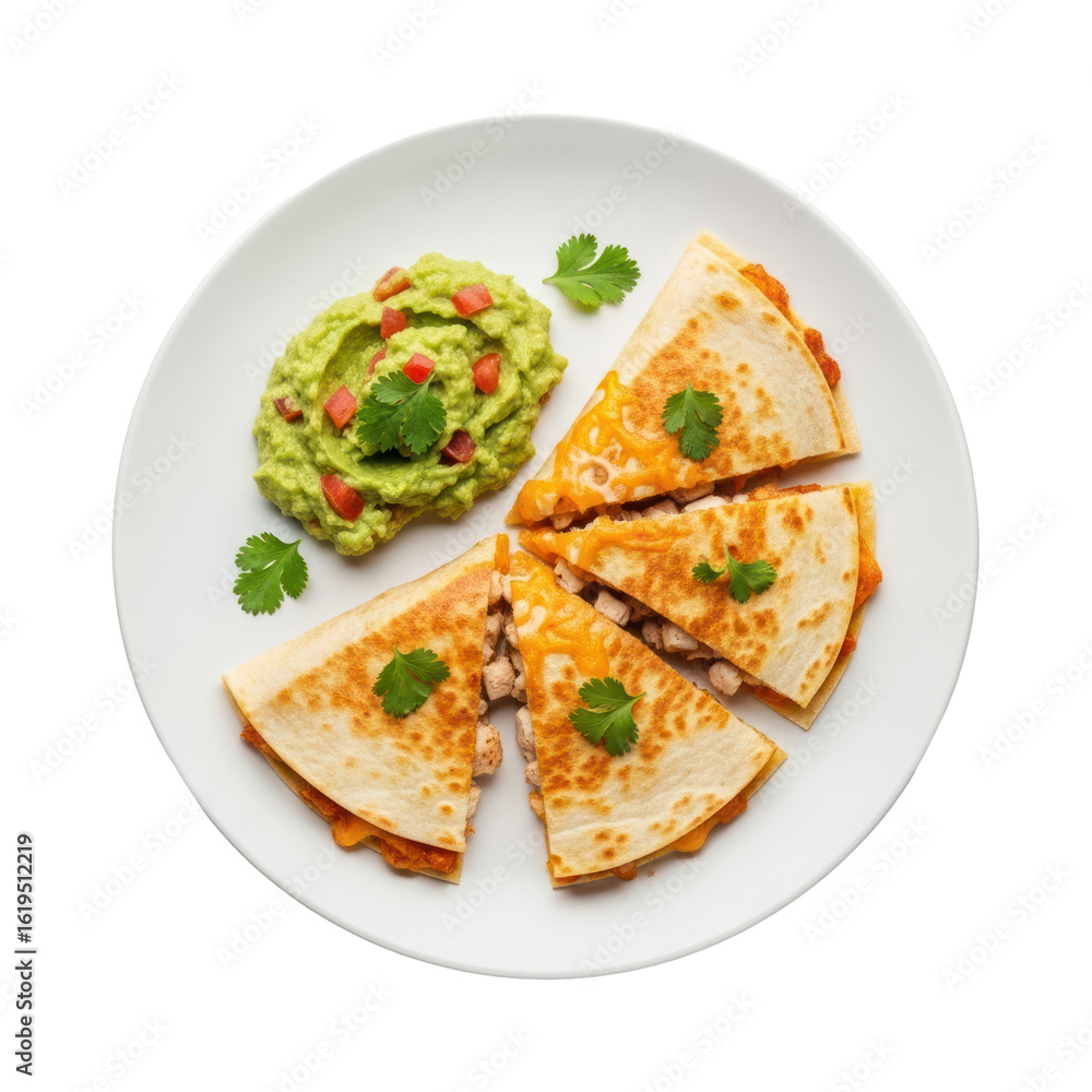 Overhead View of Sliced Quesadillas with Guacamole and Garnishes on a White Plate Against a Transparent Background Overhead View of Sliced Quesadillas with Guacamole and Garnishes on a White Plate Against a Transparent Background