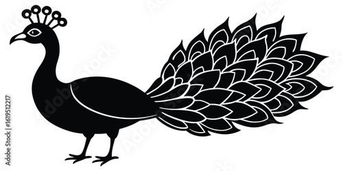 Elegant black silhouette of a peacock with elaborate fanned tail feathers