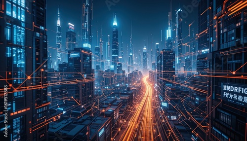 Futuristic cityscape at night with glowing connections.