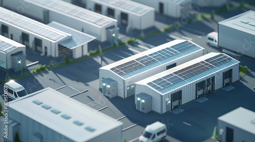Aerial view of commercial buildings with solar panels and vans in a modern industrial park setting .