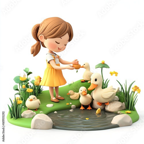3D Render: Girl Feeding Ducklings by Pond, Cute Cartoon Illustration