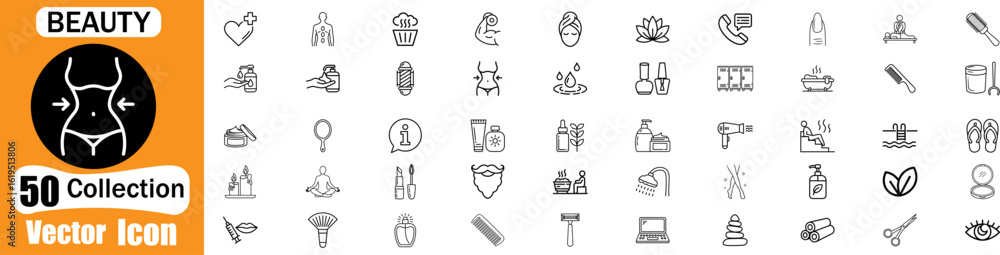 Obraz premium Beauty and spa line icon set. Editable stroke. Containing skin care, spa, treatment, cosmetology, cosmetics, massage, and more. Vector illustration