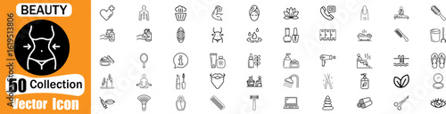 Beauty and spa line icon set. Editable stroke. Containing skin care, spa, treatment, cosmetology, cosmetics, massage, and more. Vector illustration
