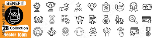 Benefit line icons set with Present, Benefit, Coupon, Reward, Card, Profit, Star, Gift and more. Editable Stroke