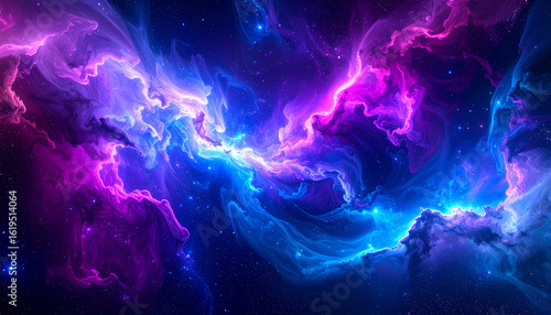 An abstract rendering of a nebula with swirling clouds of blue and purple gas and scattered stars.