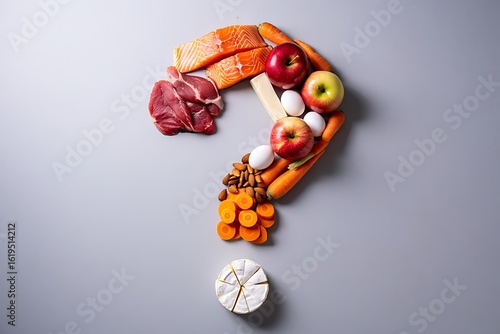 Assortment of healthy foods arranged in a question mark shape