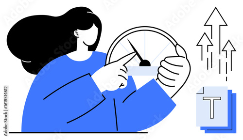 Woman pointing at a speed dial, rising arrows indicating progress, stack of text pages. Ideal for productivity, efficiency, innovation, improvement, planning, optimization simple landing page