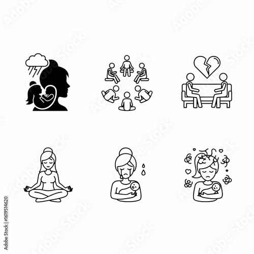 A set of icons depicting postpartum depression, support group, broken heart, meditation, and crying mother holding a baby.