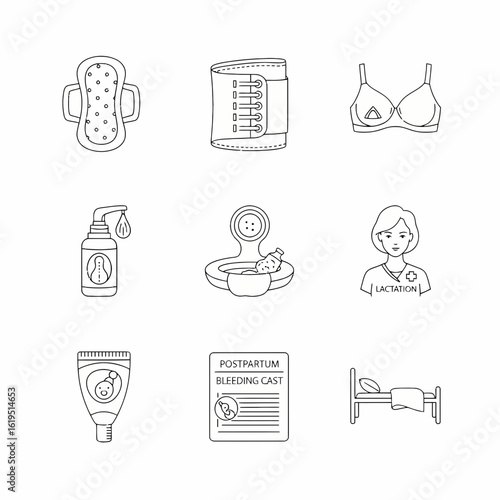 Outline icons depicting various postpartum care items and procedures.