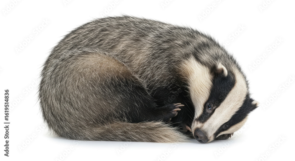 Fototapeta premium European Badger Curled Up Sleeping Isolated on White.