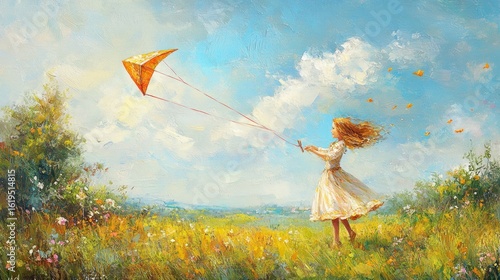 Girl Flying Kite in Sunny Field: A Painting of Joy and Freedom