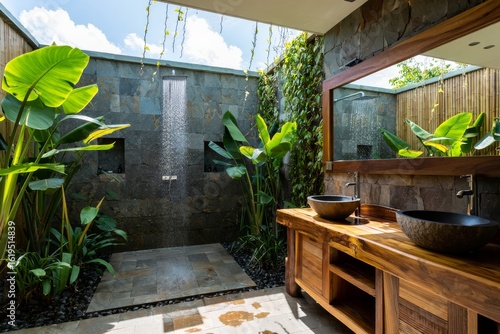Luxurious Tropical Outdoor Bathroom with Stone Walls and Lush Greenery
