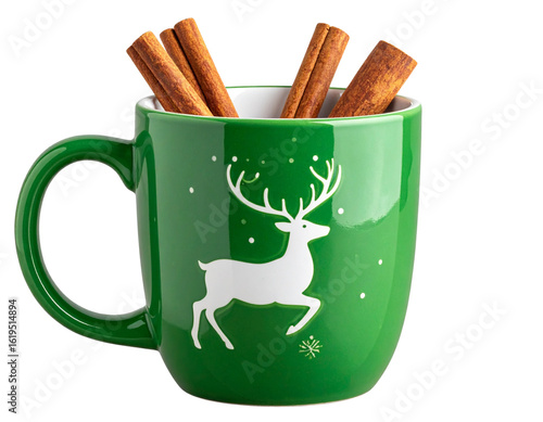 Christmas-themed ceramic mug with snowflake pattern and marshmallows on top isolated on transparent background PNG