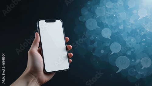 Hand Holding Smartphone with Blank Screen Against Background of Floating Speech Bubbles and Digital Elements in Dark Blue Tone