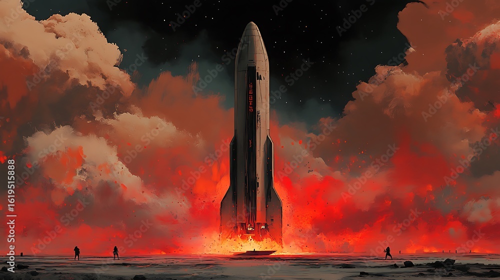 Fototapeta premium Rocket launch in a dramatic fiery sky.