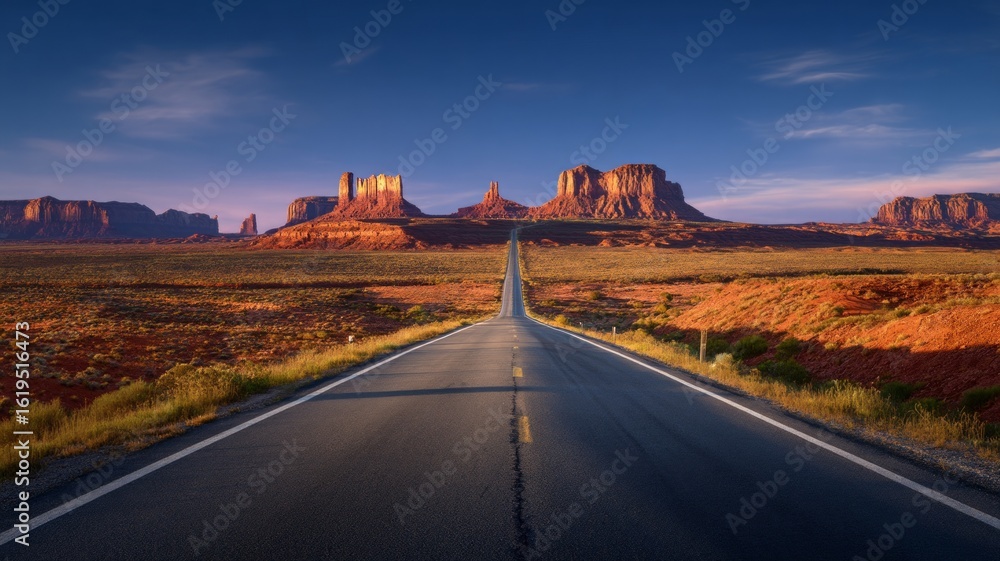 Endless road to monument valley at sunset. Neural network AI generated Endless road to monument valley at sunset. Neural network AI generated