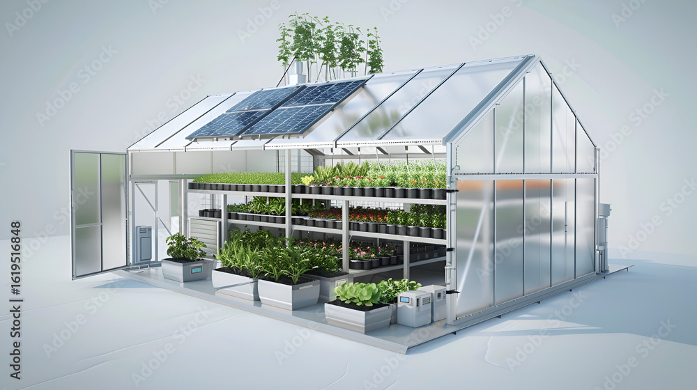 Fototapeta premium A greenhouse structure with solar panels and multiple shelves filled with various plants inside it .