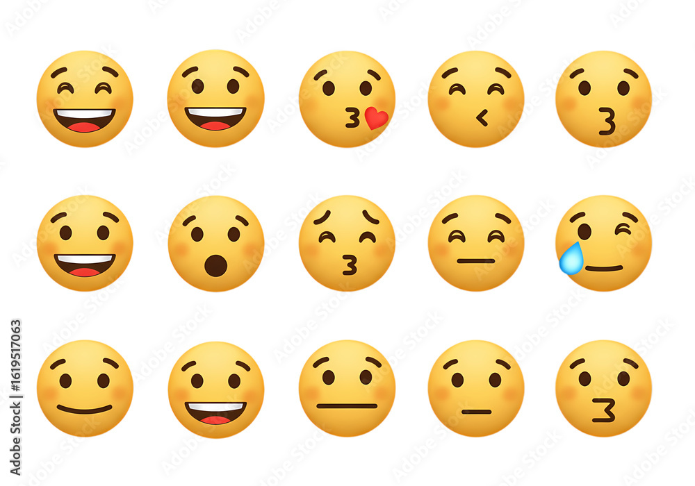 Fototapeta premium Collection of Diverse Emojis Yellow Circular Emoticons Expressing Various Emotions on Transparent background