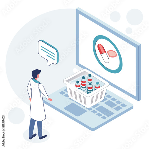 Doctor viewing online pharmacy shopping cart with medications laptop