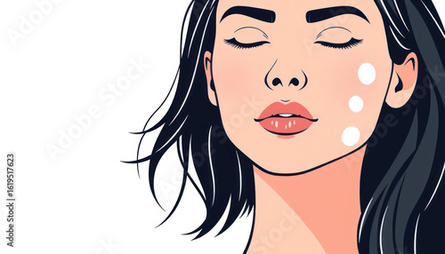 Close-up of a serene woman with closed eyes showcasing natural beauty and skin care products on her face with a minimalist background