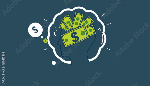 Conceptual illustration of a person's head filled with cash and money bills symbolizing financial thoughts and economic mindset