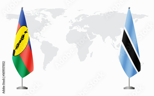 New Caledonia and Botswana flags for official meeting against background of world map.