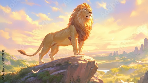 A regal lion with a thick, majestic mane and intense gaze stands atop a rock at dawn, sunrise casting orange and yellow tones across its golden fur.