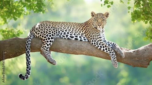 A wild leopard comfortably lounging on a tree branch in South Africa, its spotted coat contrasting beautifully with the textured bark and vibrant foliage around it.
