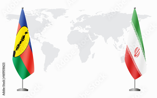 New Caledonia and Iran flags for official meeting against background of world map.