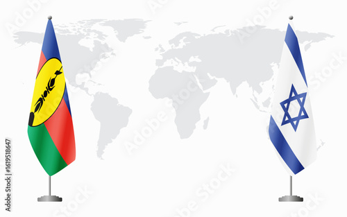 New Caledonia and Israel flags for official meeting against background of world map