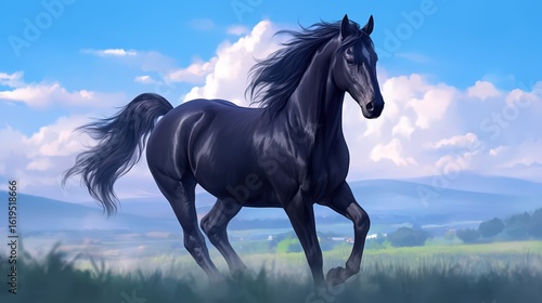 Close-up of a beautiful black horse prancing happily in a field, with muscles flexed and coat shining, showcasing spirited energy and natural elegance.