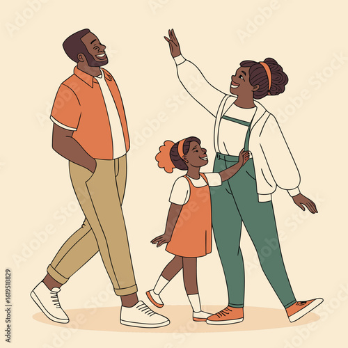 Father mother daughter walking together happily family