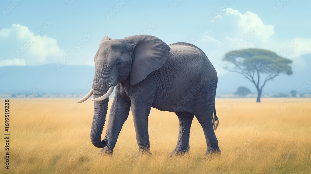 Obraz premium Close-up of a wild elephant in Namibi savannah, surrounded by dry grasses and acacia trees, illustrating the authentic experience of safari journeys.