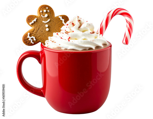 Festive holiday mug with red and white candy cane stripes and hot cocoa inside isolated on transparent background PNG