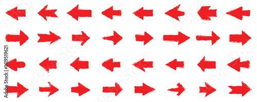 grunge arrow brush, grunge arrow vector. grunge arrow paint. Charcoal or pencil drawn rough red elements for diagrams. Hand drawn grunge arrows collection. 